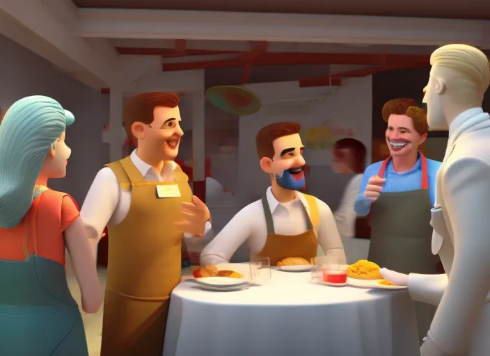 man in suit talking to 3 people in mcdonald aprons clothes at party