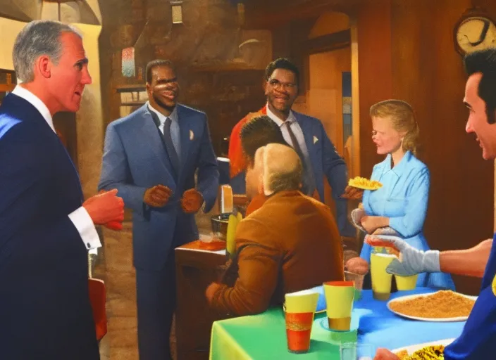man in suit talking to 3 people in mcdonald aprons clothes at party, hyperrealistic, cinematic