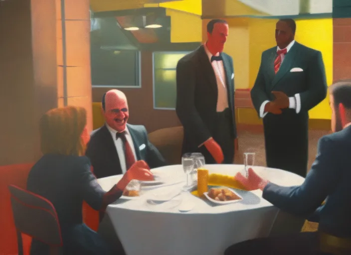 man in suit talking to 3 people in mcdonald aprons clothes at party, hyperrealistic, cinematic