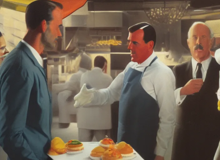 man in suit talking to 3 people in mcdonald aprons clothes at party, hyperrealistic, cinematic