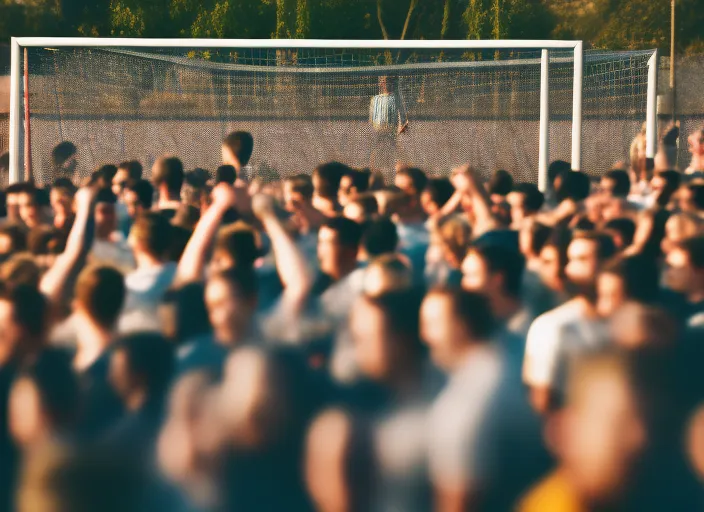 a person standing in front of a soccer goal with a crowd in the background

