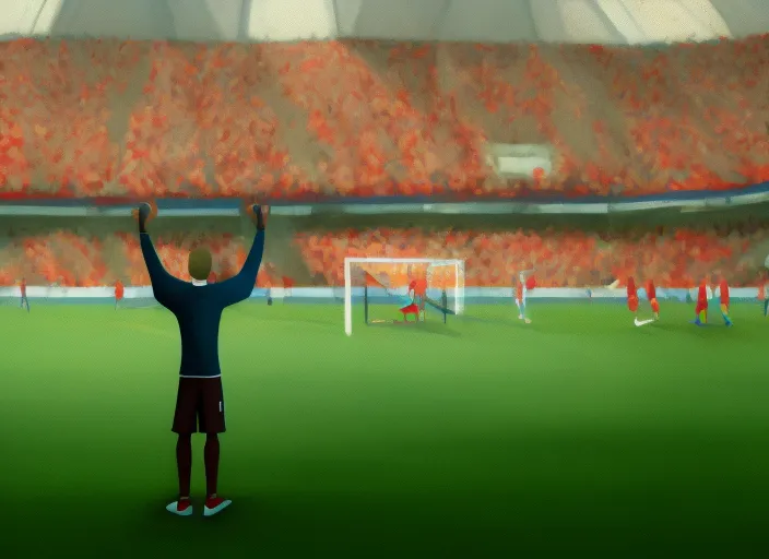 animated person standing in front of a soccer goal with a crowd in the background

