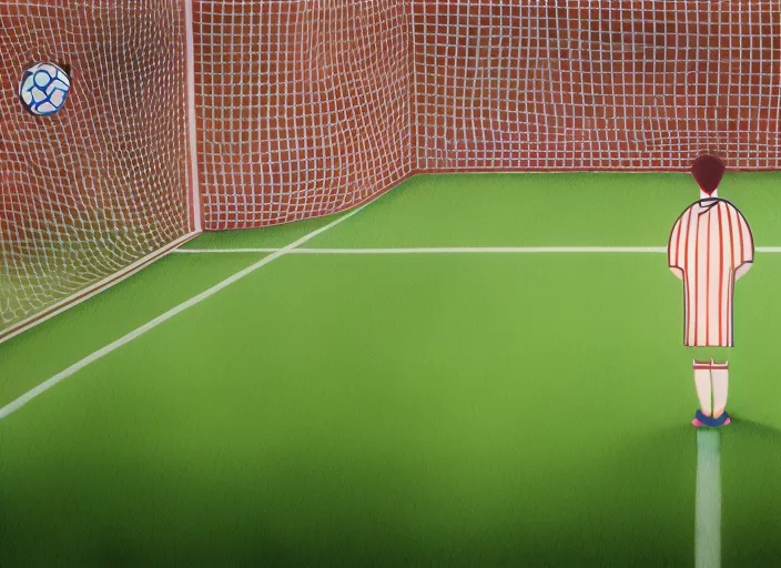 realistic drawing of a person standing in front of a soccer goal with a crowd in the background

