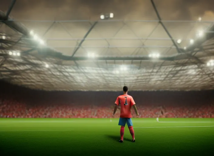 realistic picture of a person standing in front of a soccer goal with a crowd in the background. realistic picture of a person standing in front of a soccer goal with a crowd in the background. octane render