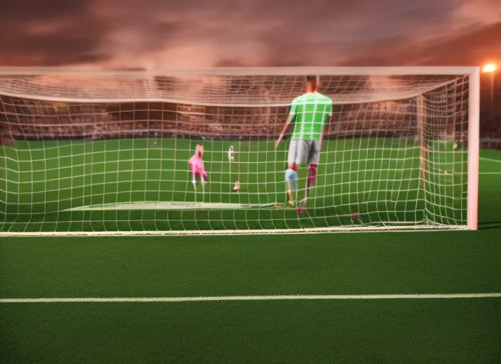 a person standing in front of a soccer goal with a crowd in the background