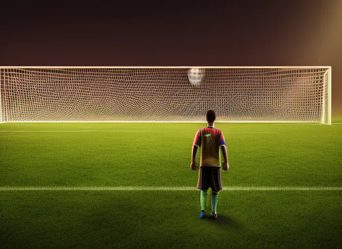 a person standing in front of a soccer goal with a crowd in the background