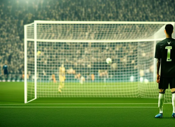 a person standing in front of a soccer goal with a crowd in the background. a person standing in front of a soccer goal with a crowd in the background. cinematic lighting, cinematic, award winning photography, cgsociety