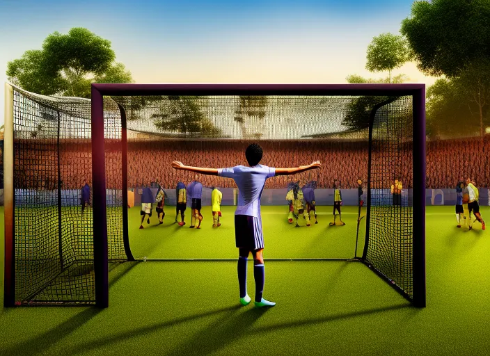 a person standing in front of a soccer goal with a crowd in the background