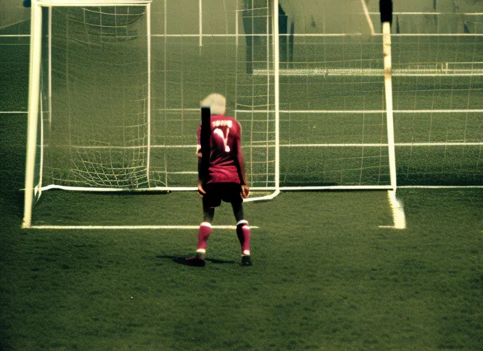 a person standing in front of a soccer goal with a crowd in the background