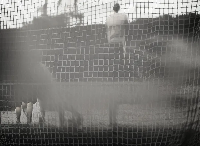 a person standing in front of a soccer goal with a crowd in the background