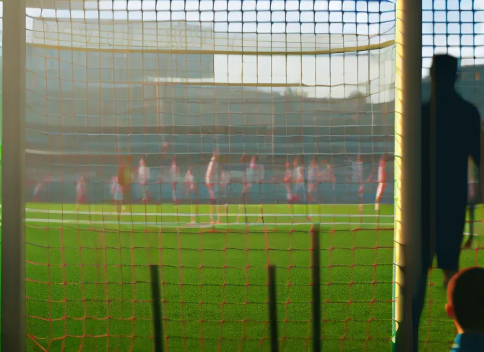 a person standing in front of a soccer goal with a crowd in the background