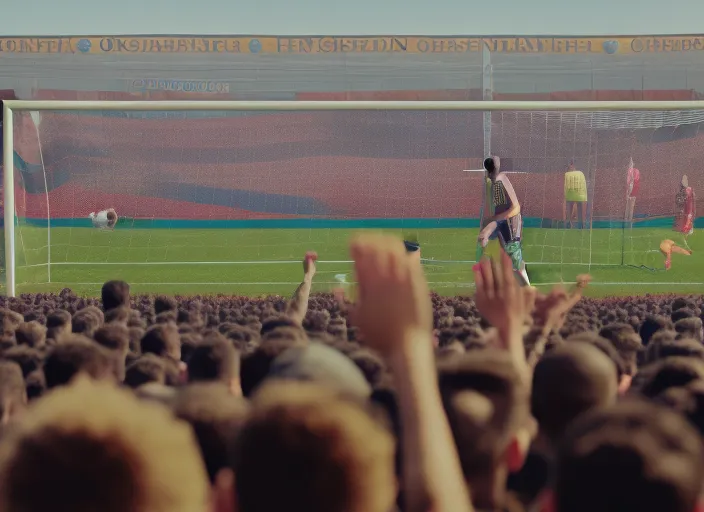 a person standing in front of a soccer goal with a crowd in the background