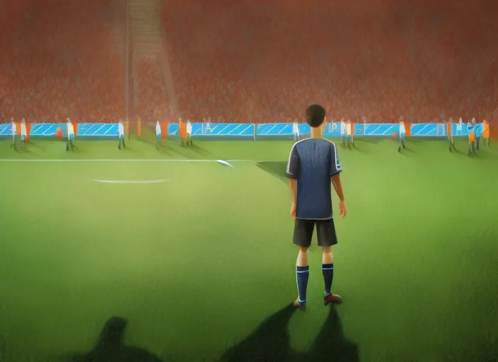 realistic picture of a person standing in front of a soccer goal with a crowd in the background