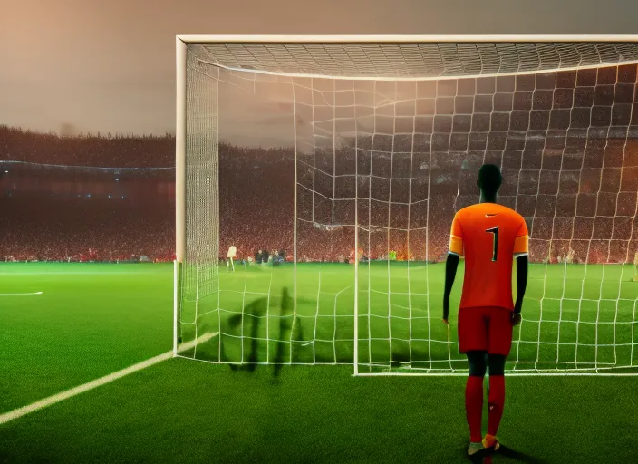 realistic picture of a person standing in front of a soccer goal with a crowd in the background