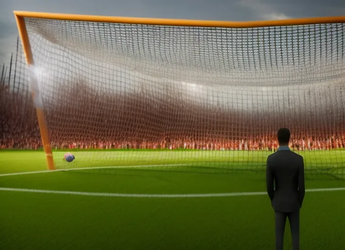 realistic picture of a person standing in front of a soccer goal with a crowd in the background