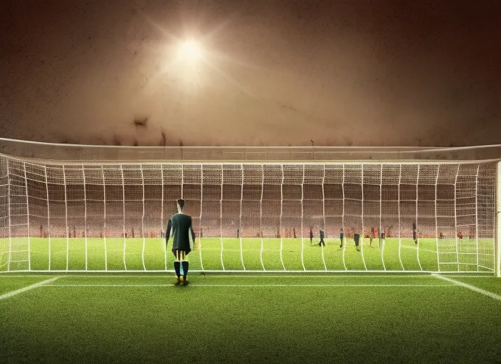 realistic picture of a person standing in front of a soccer goal with a crowd in the background