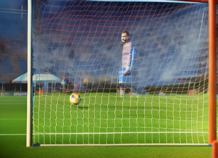 realistic picture of a person standing in front of a soccer goal with a crowd in the background