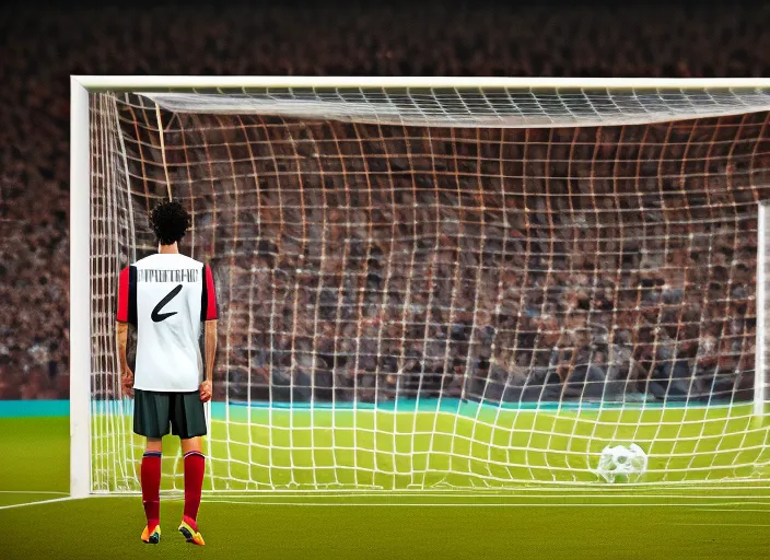 realistic picture of a person standing in front of a soccer goal with a crowd in the background