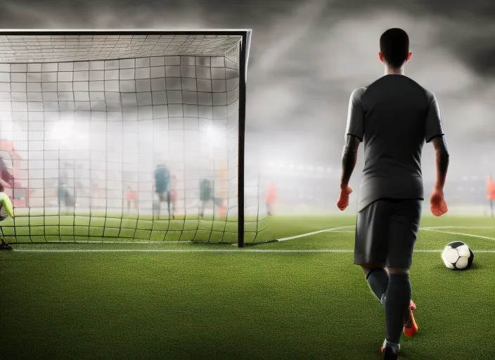 realistic picture of a person standing in front of a soccer goal with a crowd in the background