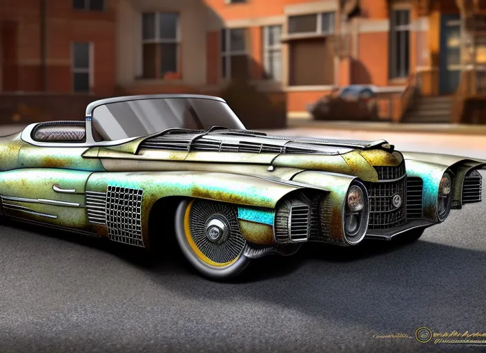 “Cadillac El Dorado de style Badass Steampunk dans une vieille rue pavée, trending on artstation, sharp focus, studio photo, intricate details, highly detailed, by greg rutkowski. Cadillac El Dorado de style Badass Steampunk dans une vieille rue pavée, trending on artstation, sharp focus, studio photo, intricate details, highly detailed, by greg rutkowski. chiaroscuro, 85mm”