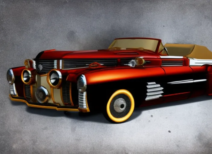 “Cadillac El Dorado de style Badass Steampunk dans une vieille rue pavée, trending on artstation, sharp focus, studio photo, intricate details, highly detailed, by greg rutkowski. Cadillac El Dorado de style Badass Steampunk dans une vieille rue pavée, trending on artstation, sharp focus, studio photo, intricate details, highly detailed, by greg rutkowski. chiaroscuro, 85mm”