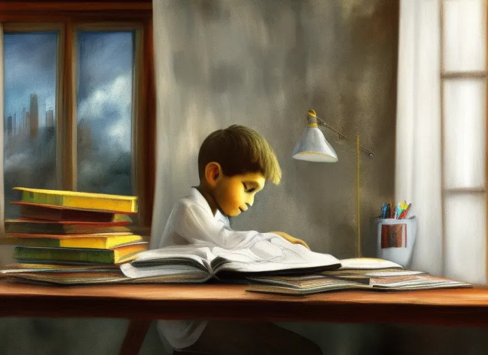 a boy sitting on his desk with books in front of him and he is studying, there is a window in the background
