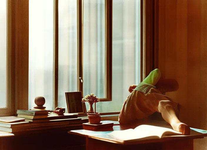 a boy sitting on his desk with books in front of him and he is studying, there is a window in the background
