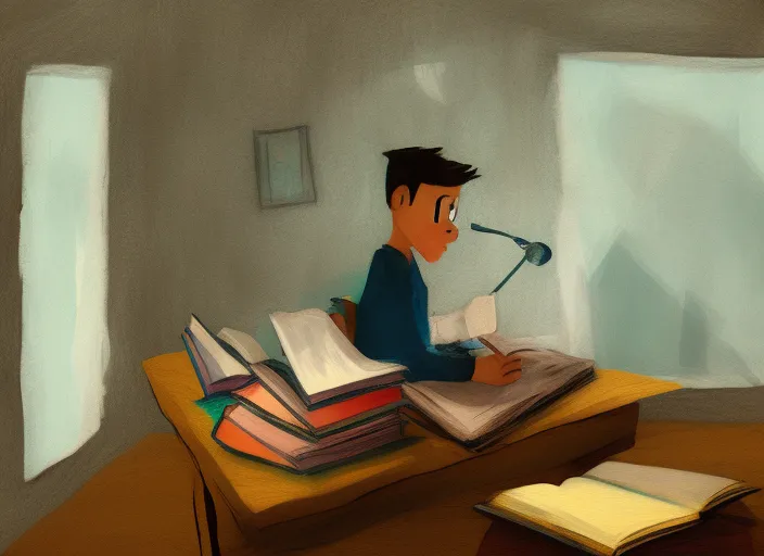 digital drawing of a boy sitting on his desk with books in front of him and he is studying, there is a window in the background
