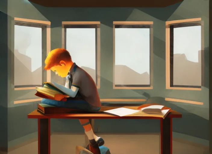 digital art of a boy sitting on his desk with books in front of him and he is studying, there is a window in the background
