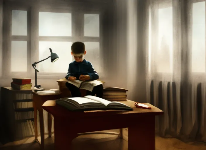 digital art of a boy sitting on his desk with books in front of him and he is studying, there is a window in the background
