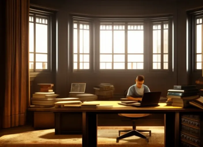 digital art of a boy sitting on his desk with books in front of him and he is studying, there is a window in the background
