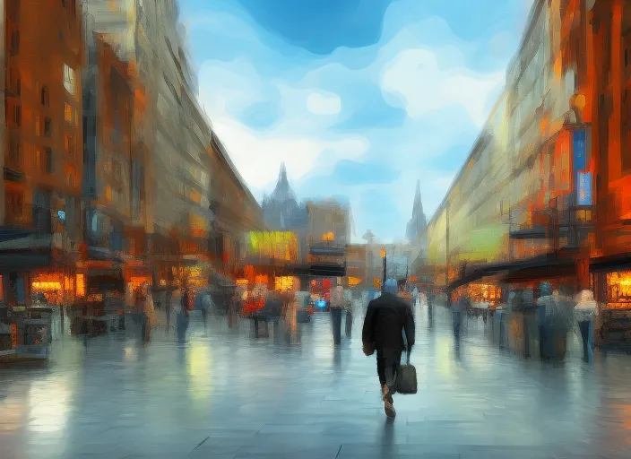 digital art a person walking down a busy street with shops in the background. digital art a person walking down a busy street with shops in the background. painting, 3/4 portrait