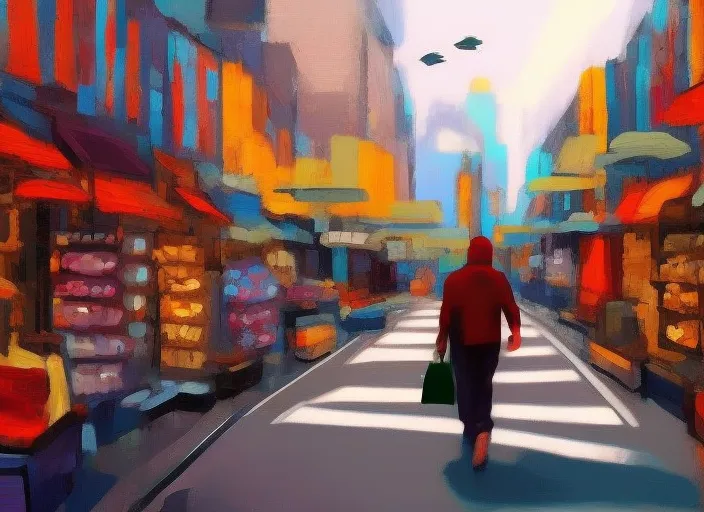 digital art a person walking down a busy street with shops in the background
