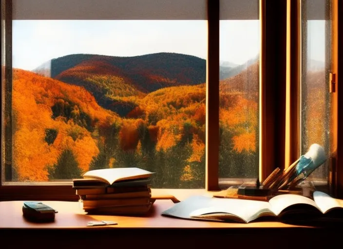 a boy studying on his desk with piles of books in front of him with a window in the back showing an autumn background
