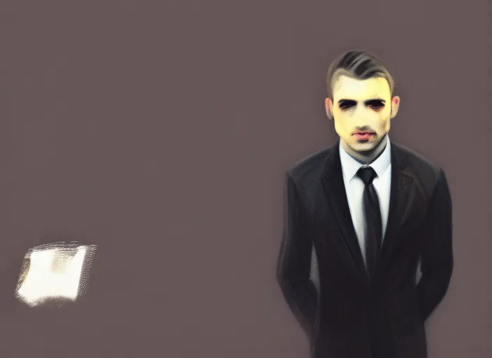 person in suit light behind him other people look at him, hyperrealistic, cinematic