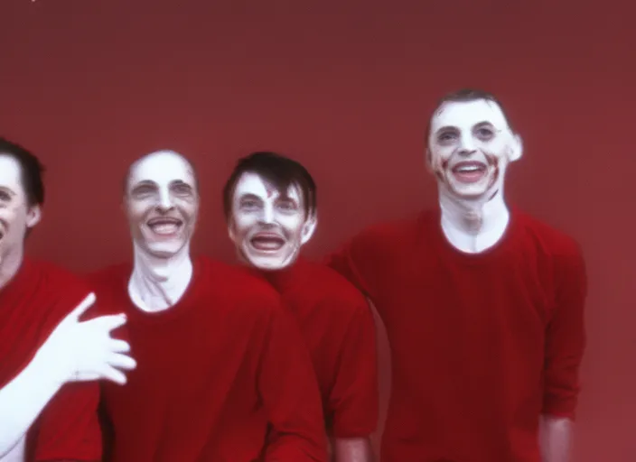 a person very happy in a white shirt 2 people on his left in red shirts 2 people on his right in red shirts all happy