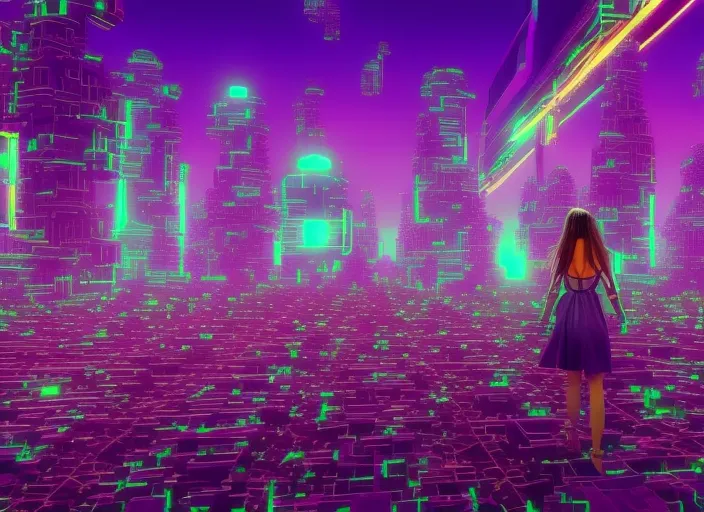 beautiful model girl with long hair and wearing neon yellow dress walking down to a detailed digital city, retrowave, synthwave, 8k