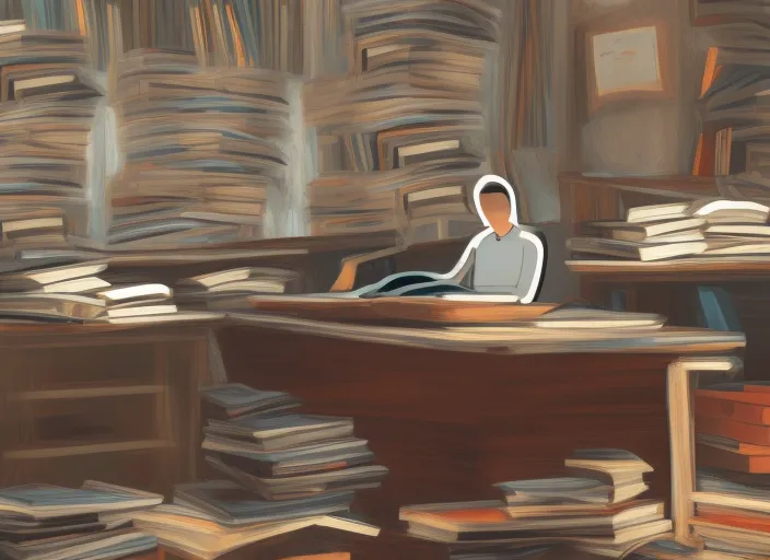  digital art of a person studying on a desk with piles of books on his desk 
