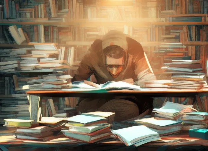  digital art of a person studying on a desk with piles of books on his desk 
