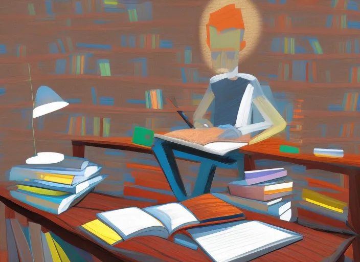  digital art of a person studying on a desk with piles of books on his desk 
