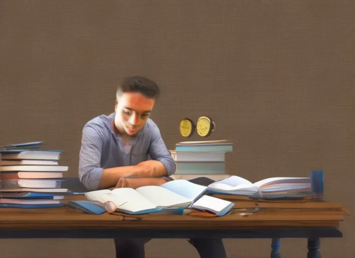  digital art of a person studying on a desk with piles of books on his desk 
