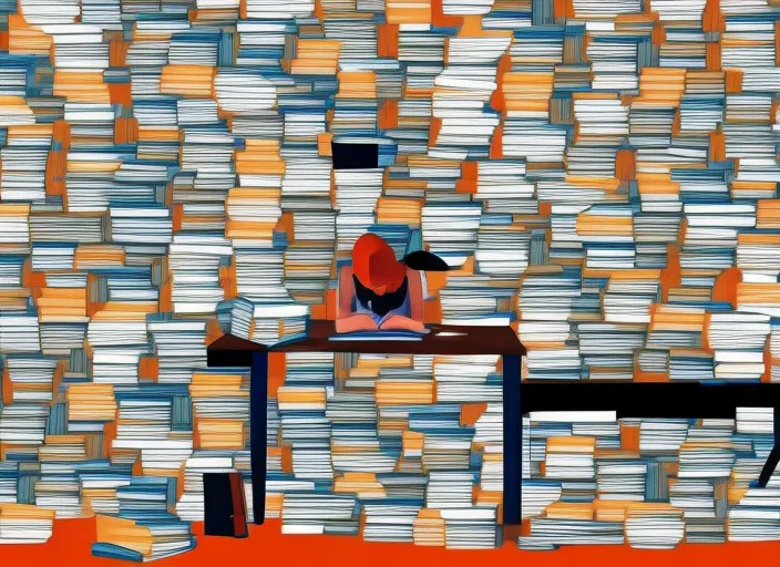  digital art of a person studying on a desk with piles of books on his desk 
