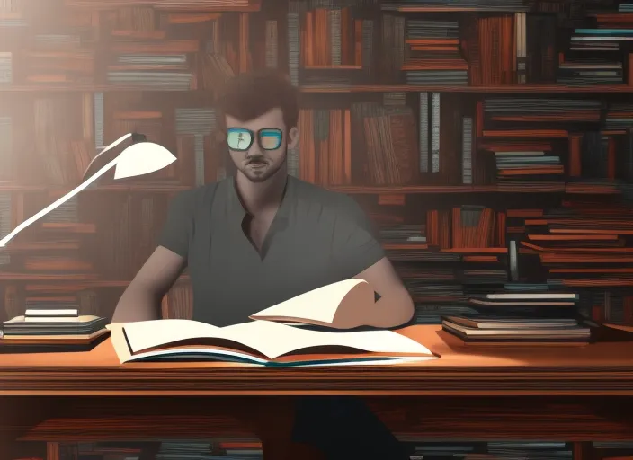 digital art of a person studying on a desk with piles of books on his desk