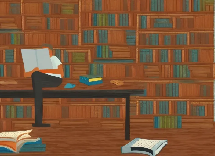 digital art of a person studying on a desk with piles of books on his desk