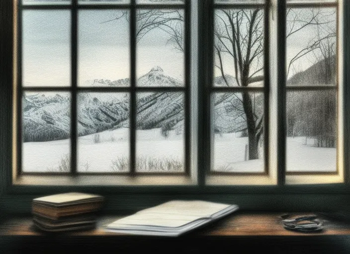 digital art of books on a desk with a window in the background showing the winter scenery 