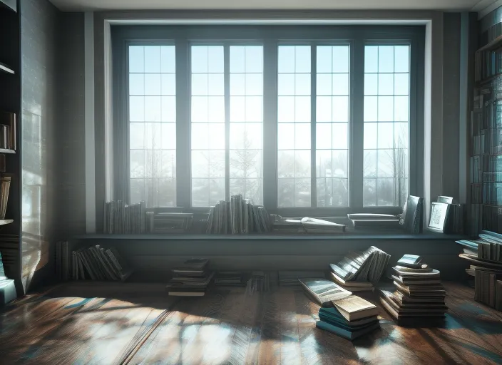 digital art of books on a desk with a window in the background showing the winter scenery. digital art of books on a desk with a window in the background showing the winter scenery. 3/4 portrait, cyberpunk art, pretty