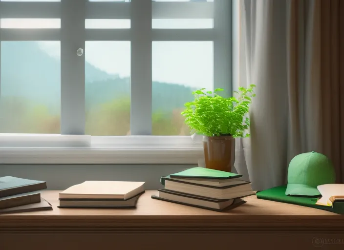 digital art of books on a desk with a window in the background showing the spring scenery. digital art of books on a desk with a window in the background showing the spring scenery. cinematic lighting, Ecological Art, close-up product, detailed skin texture, matte painting, octane render