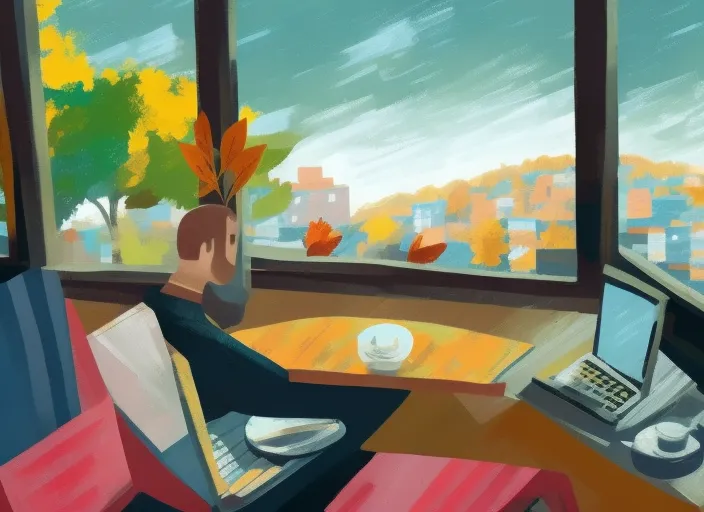 digital art of a person sitting in a café with a laptop Infront of him with a window in the background showing a autumn scenery 
