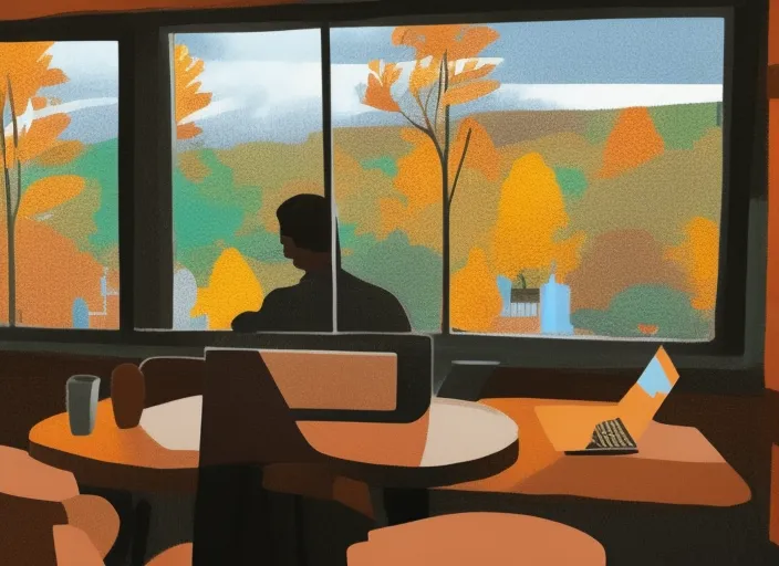 digital art of a person sitting in a café with a laptop Infront of him with a window in the background showing a autumn scenery 
