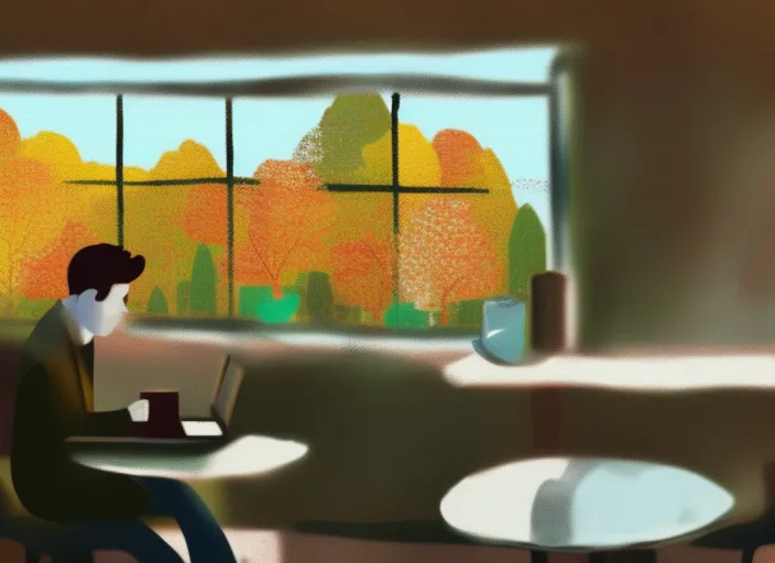 digital art of a person sitting in a café with a laptop Infront of him with a window in the background showing a autumn scenery 
